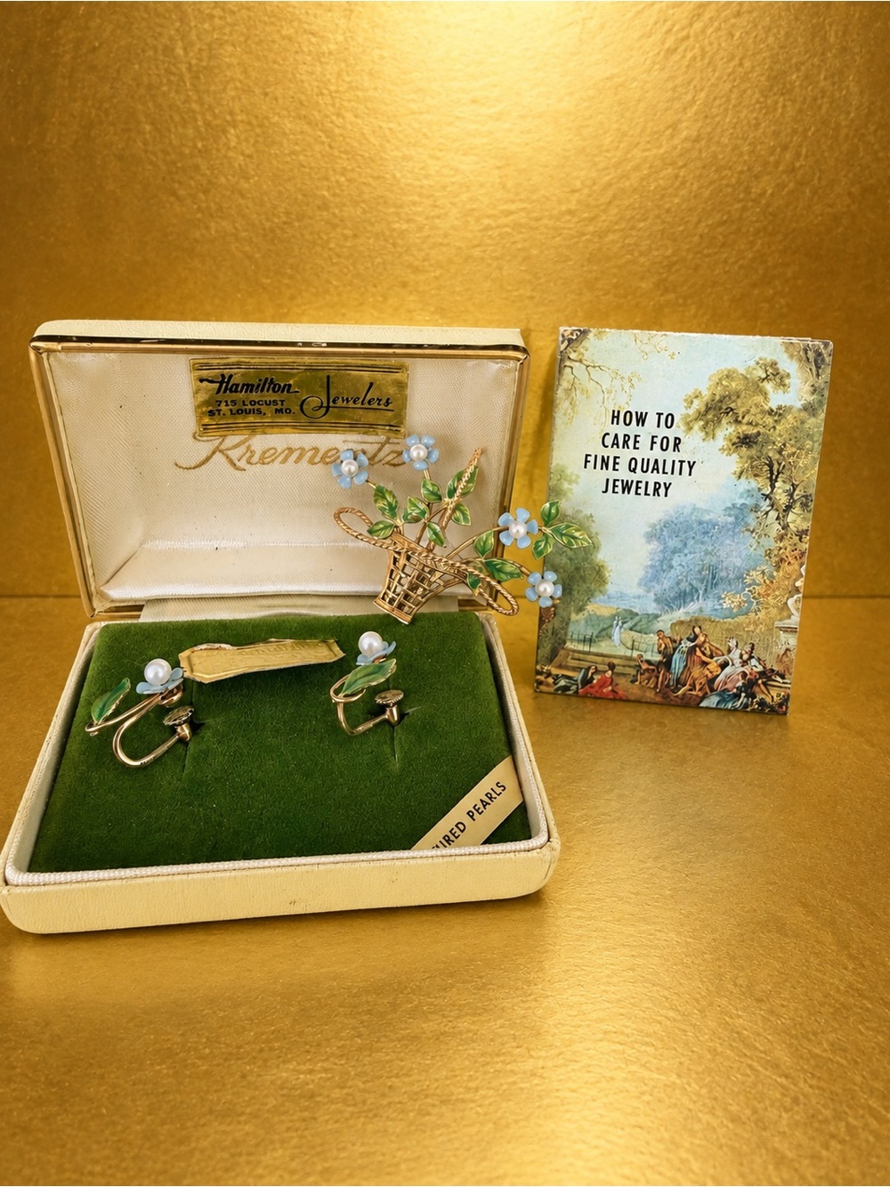 Vintage 1960s Krementz Collector’s Forget-Me-Not Brooch & Earrings Set - Picture 2 of 14